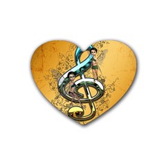 Music, Clef With Fairy And Floral Elements Rubber Coaster (heart)  by FantasyWorld7