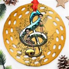 Music, Clef With Fairy And Floral Elements Ornament (round Filigree)  by FantasyWorld7