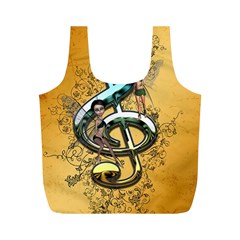 Music, Clef With Fairy And Floral Elements Full Print Recycle Bags (m)  by FantasyWorld7