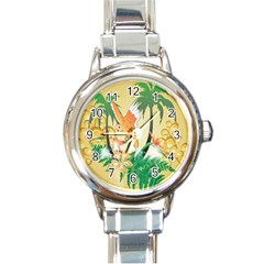 Funny Budgies With Palm And Flower Round Italian Charm Watches by FantasyWorld7