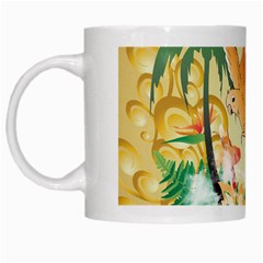 Funny Budgies With Palm And Flower White Mugs by FantasyWorld7