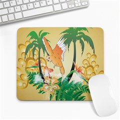 Funny Budgies With Palm And Flower Large Mousepads by FantasyWorld7