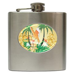 Funny Budgies With Palm And Flower Hip Flask (6 Oz) by FantasyWorld7