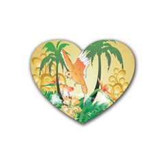 Funny Budgies With Palm And Flower Rubber Coaster (heart)  by FantasyWorld7