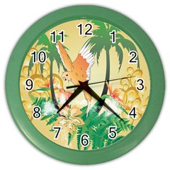 Funny Budgies With Palm And Flower Color Wall Clocks by FantasyWorld7