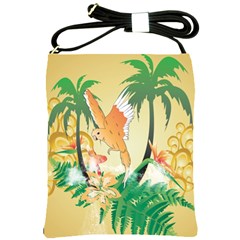 Funny Budgies With Palm And Flower Shoulder Sling Bags by FantasyWorld7