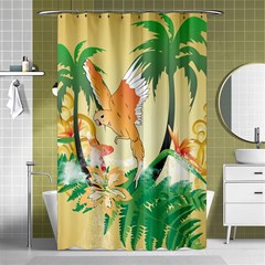 Funny Budgies With Palm And Flower Shower Curtain 48  X 72  (small)  by FantasyWorld7