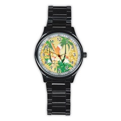 Funny Budgies With Palm And Flower Stainless Steel Round Watches by FantasyWorld7