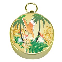 Funny Budgies With Palm And Flower Gold Compasses by FantasyWorld7