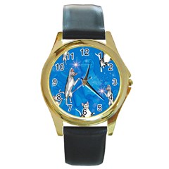 Funny, Cute Playing Cats With Stras Round Gold Metal Watches by FantasyWorld7