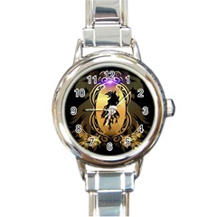 Lion Silhouette With Flame On Golden Shield Round Italian Charm Watches by FantasyWorld7