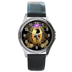 Lion Silhouette With Flame On Golden Shield Round Metal Watches by FantasyWorld7