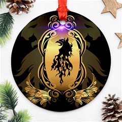 Lion Silhouette With Flame On Golden Shield Ornament (round)  by FantasyWorld7