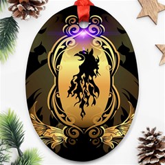 Lion Silhouette With Flame On Golden Shield Ornament (oval)  by FantasyWorld7