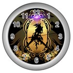 Lion Silhouette With Flame On Golden Shield Wall Clocks (Silver)  Front