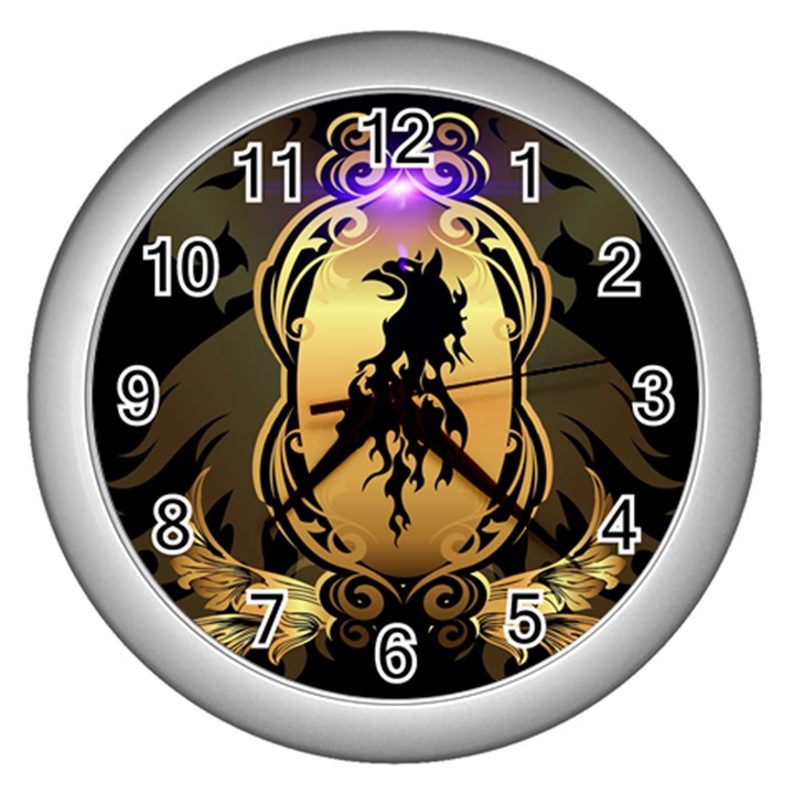 Lion Silhouette With Flame On Golden Shield Wall Clocks (Silver) 