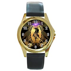 Lion Silhouette With Flame On Golden Shield Round Gold Metal Watches by FantasyWorld7