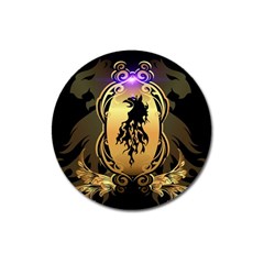 Lion Silhouette With Flame On Golden Shield Magnet 3  (round) by FantasyWorld7