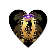 Lion Silhouette With Flame On Golden Shield Heart Magnet by FantasyWorld7