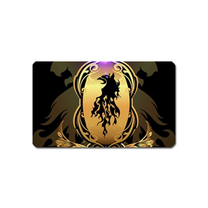 Lion Silhouette With Flame On Golden Shield Magnet (Name Card)