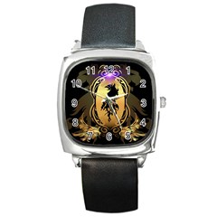 Lion Silhouette With Flame On Golden Shield Square Metal Watches by FantasyWorld7