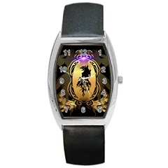 Lion Silhouette With Flame On Golden Shield Barrel Metal Watches by FantasyWorld7