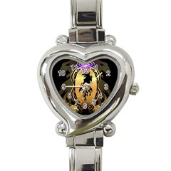 Lion Silhouette With Flame On Golden Shield Heart Italian Charm Watch by FantasyWorld7