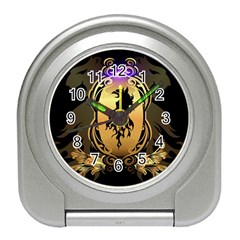 Lion Silhouette With Flame On Golden Shield Travel Alarm Clocks by FantasyWorld7