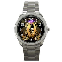 Lion Silhouette With Flame On Golden Shield Sport Metal Watches by FantasyWorld7