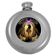 Lion Silhouette With Flame On Golden Shield Round Hip Flask (5 Oz) by FantasyWorld7