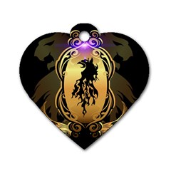 Lion Silhouette With Flame On Golden Shield Dog Tag Heart (one Side) by FantasyWorld7