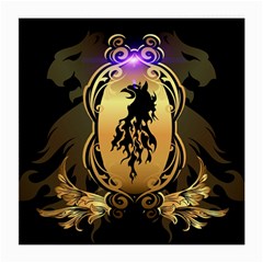 Lion Silhouette With Flame On Golden Shield Medium Glasses Cloth (2-side) by FantasyWorld7