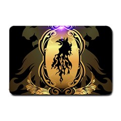 Lion Silhouette With Flame On Golden Shield Small Doormat  by FantasyWorld7