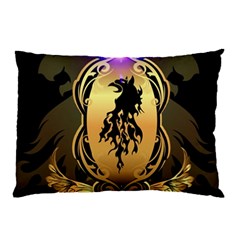 Lion Silhouette With Flame On Golden Shield Pillow Cases by FantasyWorld7