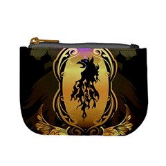 Lion Silhouette With Flame On Golden Shield Mini Coin Purses by FantasyWorld7