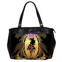 Lion Silhouette With Flame On Golden Shield Office Handbags (2 Sides)  by FantasyWorld7