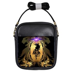 Lion Silhouette With Flame On Golden Shield Girls Sling Bags by FantasyWorld7