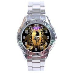 Lion Silhouette With Flame On Golden Shield Stainless Steel Men s Watch by FantasyWorld7