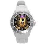 Lion Silhouette With Flame On Golden Shield Round Plastic Sport Watch (L) Front