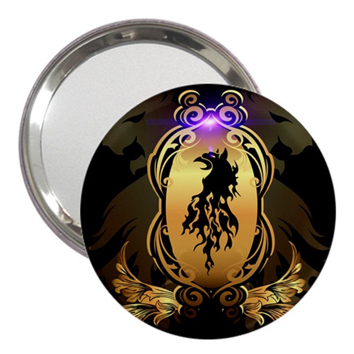 Lion Silhouette With Flame On Golden Shield 3  Handbag Mirrors