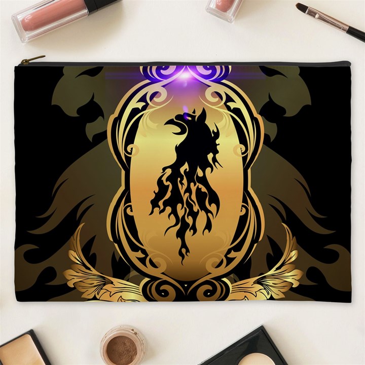 Lion Silhouette With Flame On Golden Shield Cosmetic Bag (XXXL) 