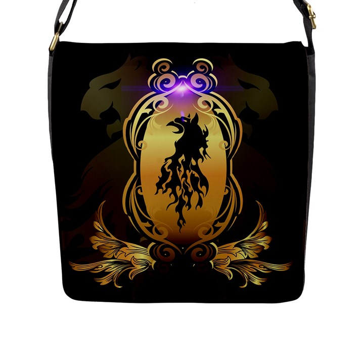 Lion Silhouette With Flame On Golden Shield Flap Messenger Bag (L) 