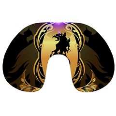 Lion Silhouette With Flame On Golden Shield Travel Neck Pillows by FantasyWorld7