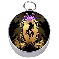 Lion Silhouette With Flame On Golden Shield Silver Compasses