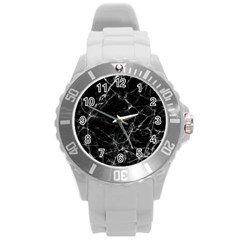 Black Marble Stone Pattern Round Plastic Sport Watch (l) by Dushan