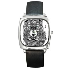 Intricate Elegant Wolf Head Illustration Square Metal Watches by Dushan