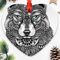 Intricate Elegant Wolf Head Illustration Heart Ornament (2 Sides)