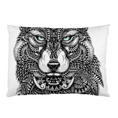 Intricate Elegant Wolf Head Illustration Pillow Cases by Dushan