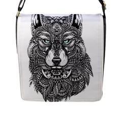 Intricate Elegant Wolf Head Illustration Flap Messenger Bag (l)  by Dushan