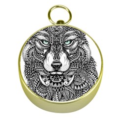 Intricate Elegant Wolf Head Illustration Gold Compasses by Dushan